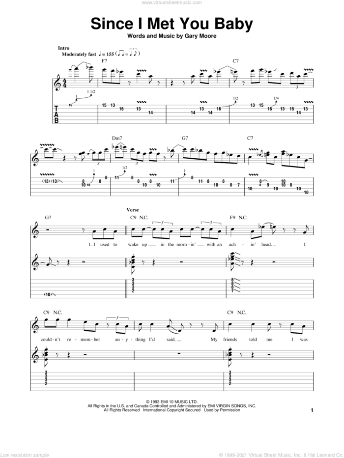 Since I Met You Baby sheet music for guitar (tablature, play-along) by Gary Moore and B.B. King, intermediate skill level