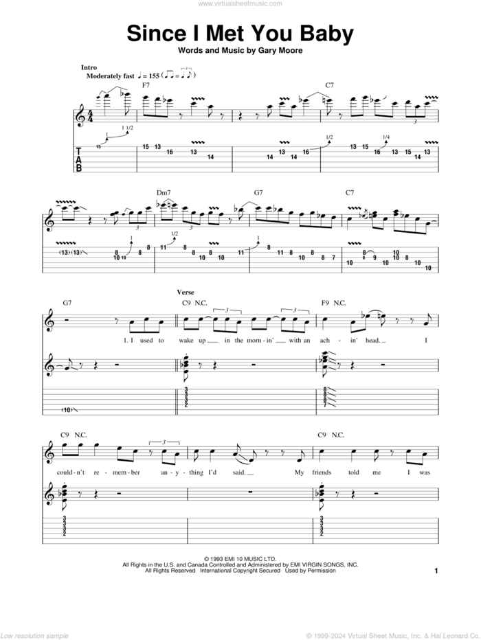 Since I Met You Baby sheet music for guitar (tablature, play-along) by Gary Moore and B.B. King, intermediate skill level