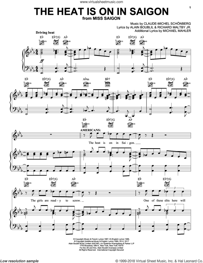 The Heat Is On In Saigon sheet music for voice, piano or guitar by Claude-Michel Schonberg, Miss Saigon (Musical), Alain Boublil and Richard Maltby, Jr., intermediate skill level