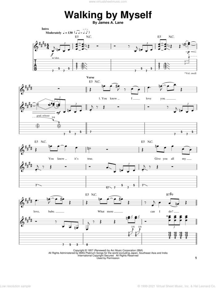 Walking By Myself sheet music for guitar (tablature, play-along) by Gary Moore, Jimmy Rogers and James A. Lane, intermediate skill level