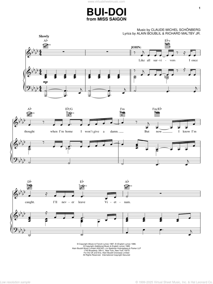 Bui-Doi sheet music for voice, piano or guitar by Claude-Michel Schonberg, Miss Saigon (Musical), Alain Boublil and Richard Maltby, Jr., intermediate skill level