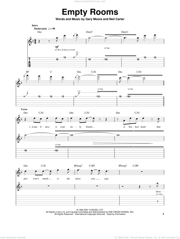 Empty Rooms sheet music for guitar (tablature, play-along) by Gary Moore and Neil Carter, intermediate skill level