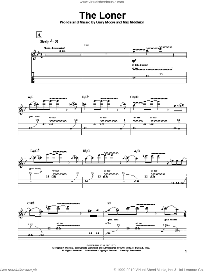 The Loner sheet music for guitar (tablature, play-along) by Gary Moore and Max Middleton, intermediate skill level
