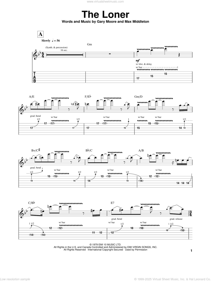 The Loner sheet music for guitar (tablature, play-along) by Gary Moore and Max Middleton, intermediate skill level