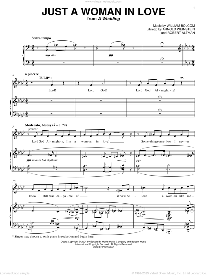 Just A Woman In Love sheet music for voice and piano by William Bolcom, Arnold Weinstein and Robert Altman, wedding score, intermediate skill level