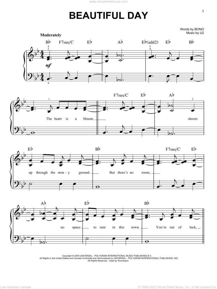 Beautiful Day sheet music for piano solo by U2 and Bono, easy skill level