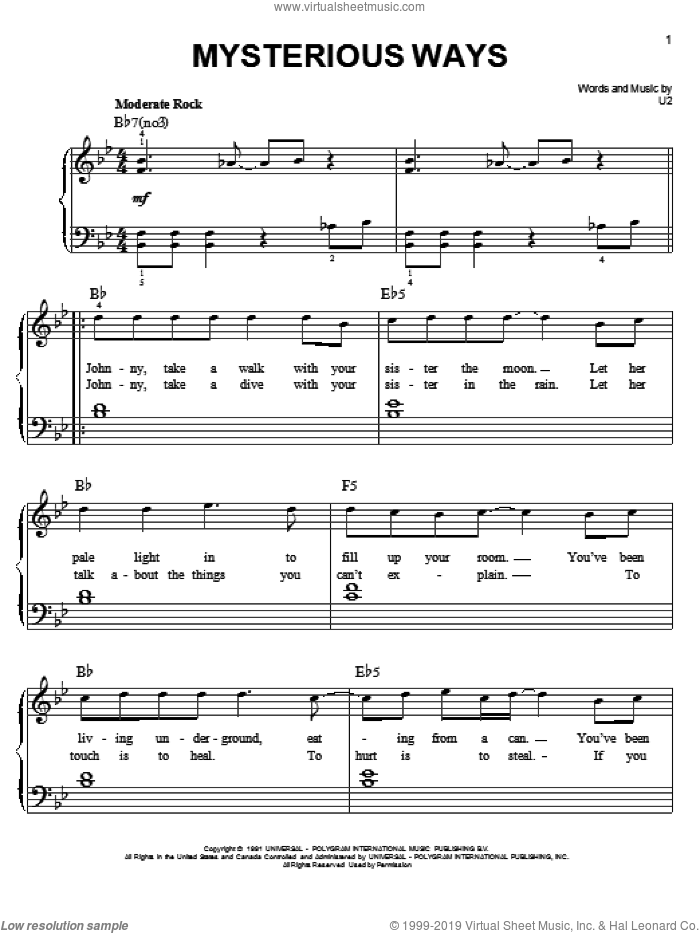 Mysterious Ways sheet music for piano solo by U2, easy skill level