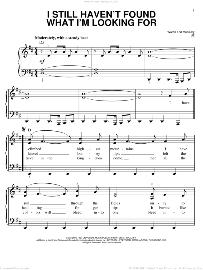 I Still Haven't Found What I'm Looking For sheet music for piano solo by U2, easy skill level