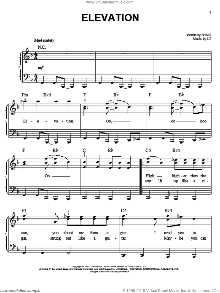 Elevation sheet music for piano solo by U2 and Bono, easy skill level