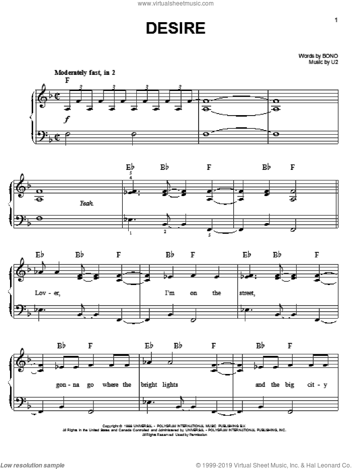 Desire sheet music for piano solo by U2 and Bono, easy skill level