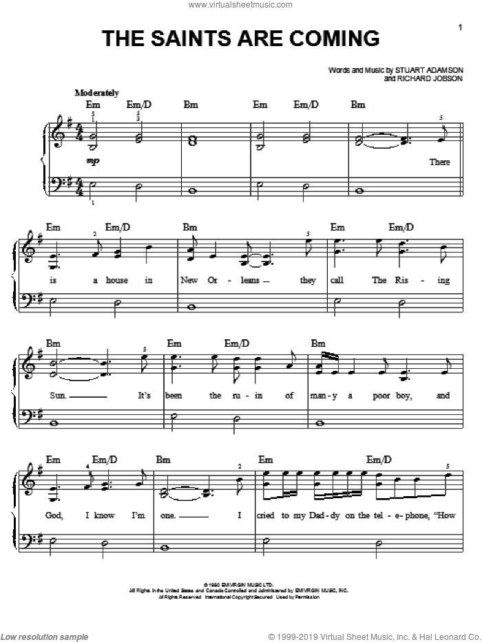 The Saints Are Coming sheet music for piano solo by U2 & Green Day, U2, Richard Jobson and Stuart Adamson, easy skill level