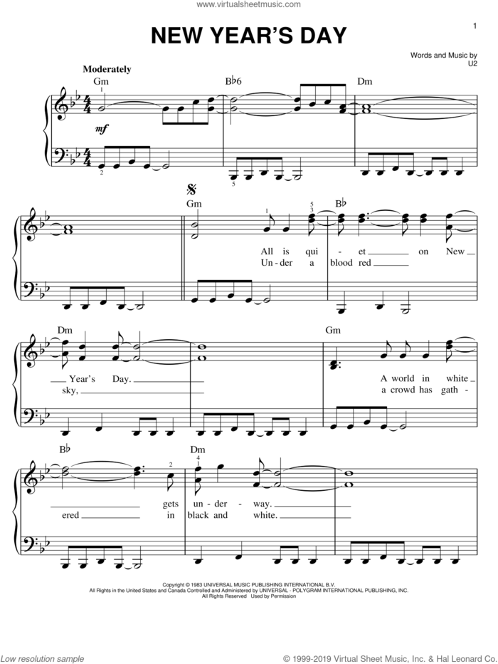 New Year's Day sheet music for piano solo by U2, easy skill level
