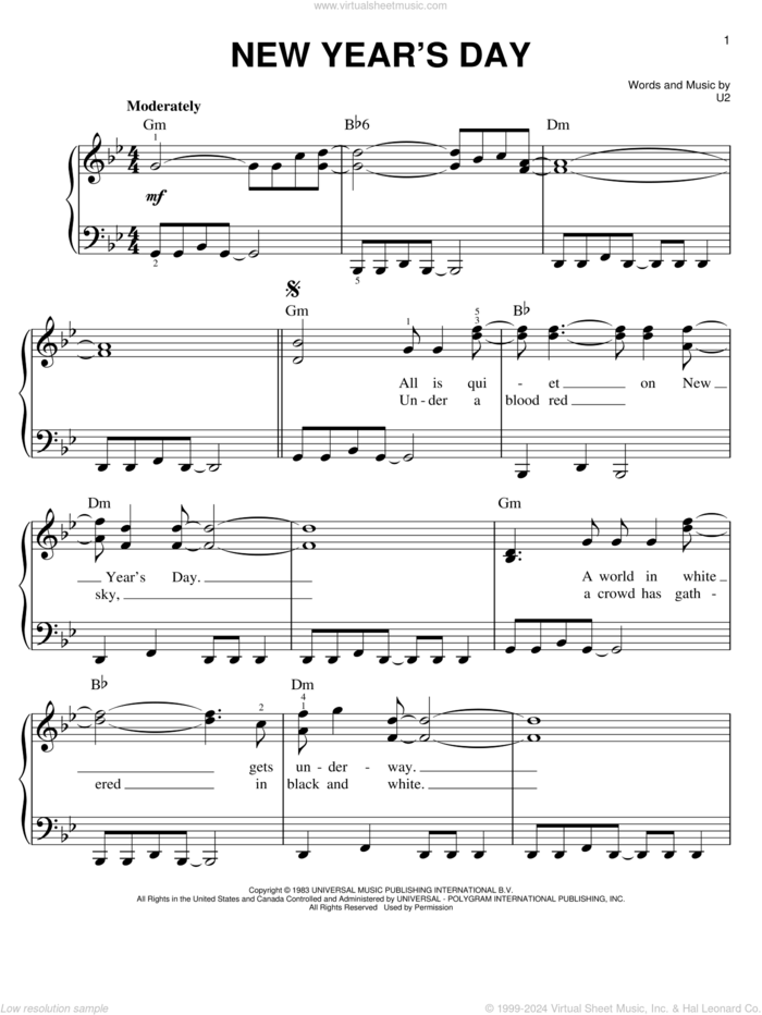 New Year's Day sheet music for piano solo by U2, easy skill level