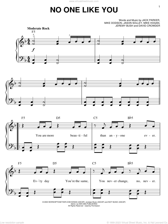 No One Like You sheet music for piano solo by David Crowder Band, David Crowder, Jack Parker, Jason Solley, Jeremy Bush, Mike Dodson and Mike Hogan, easy skill level