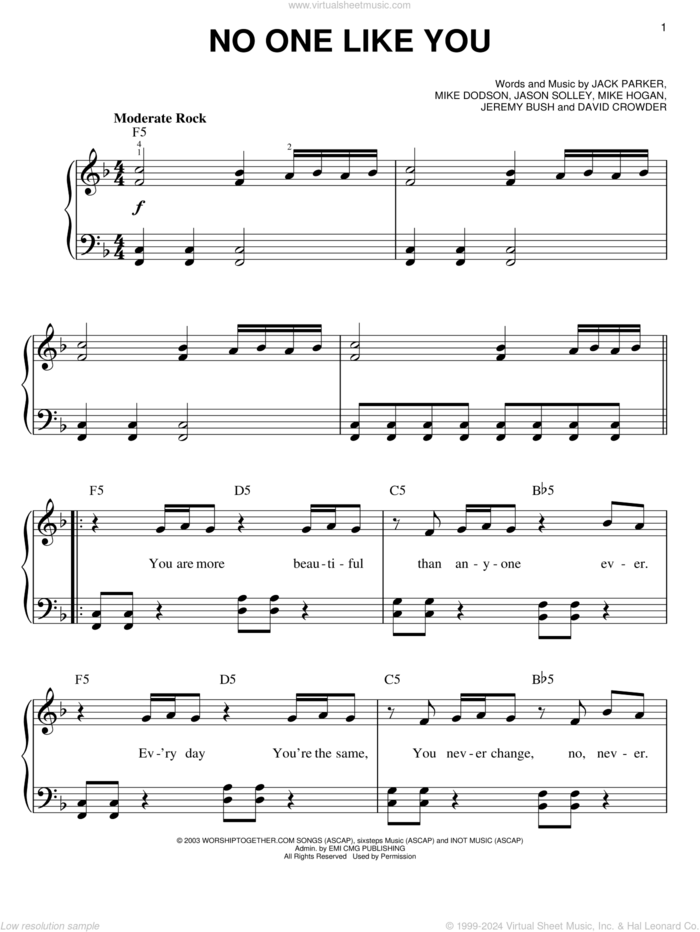 No One Like You sheet music for piano solo by David Crowder Band, David Crowder, Jack Parker, Jason Solley, Jeremy Bush, Mike Dodson and Mike Hogan, easy skill level