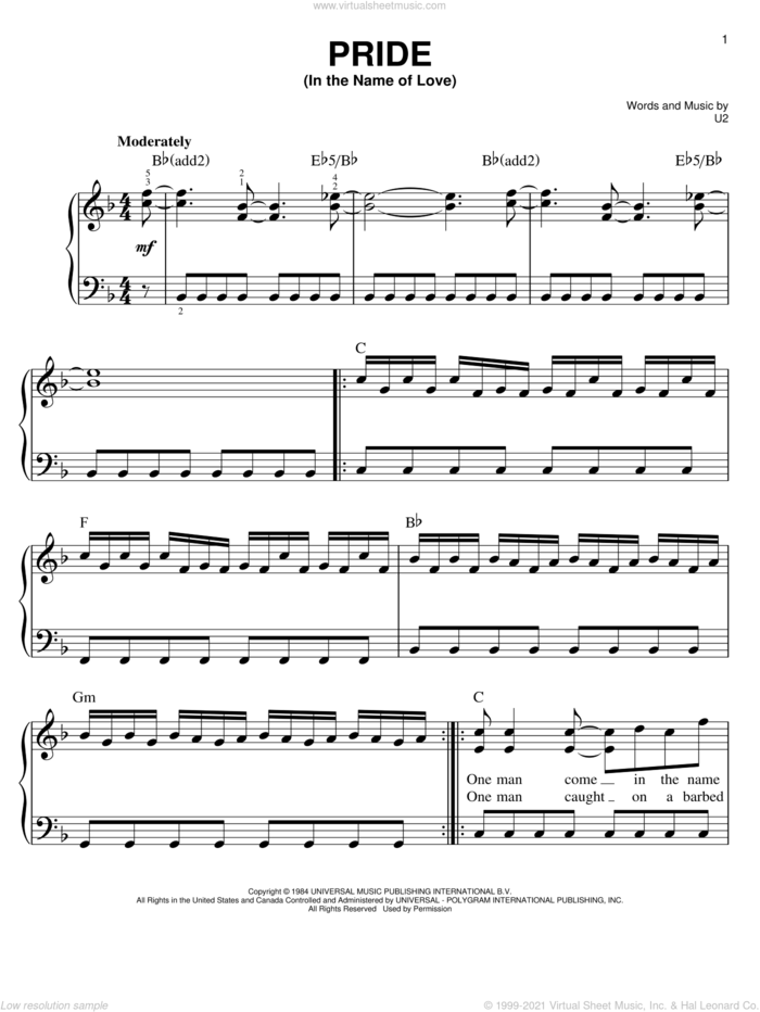 Pride (In The Name Of Love) sheet music for piano solo by U2, easy skill level