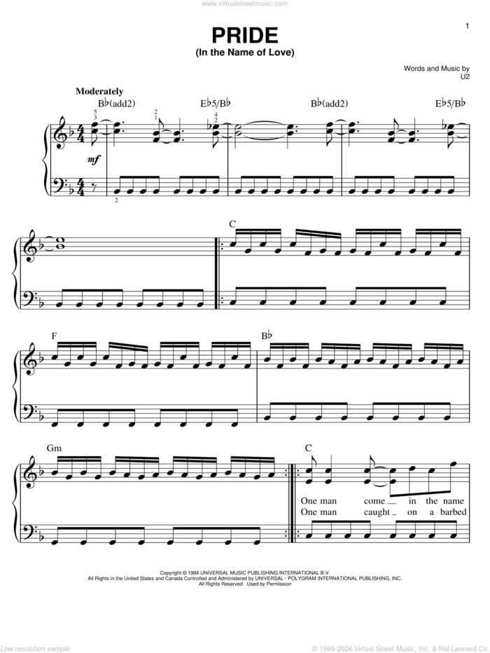 Pride (In The Name Of Love) sheet music for piano solo by U2, easy skill level