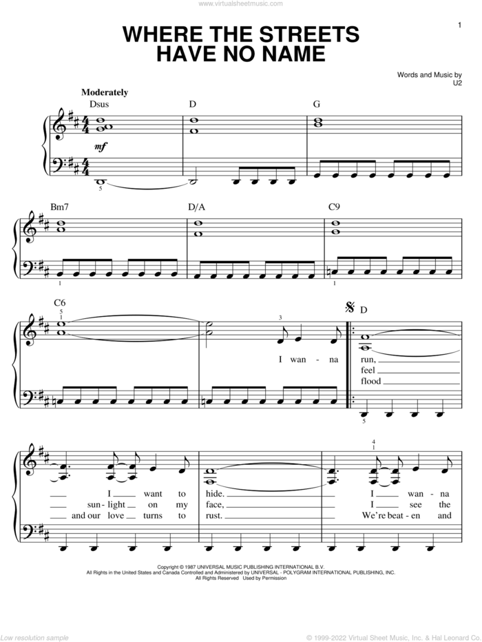 Where The Streets Have No Name sheet music for piano solo by U2, easy skill level