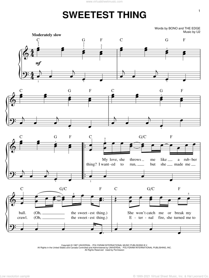 Sweetest Thing sheet music for piano solo by U2, Bono and The Edge, easy skill level