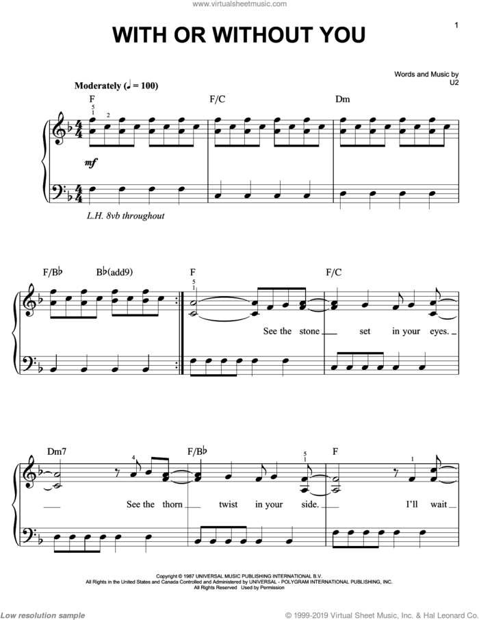 With Or Without You, (easy) sheet music for piano solo by U2, easy skill level