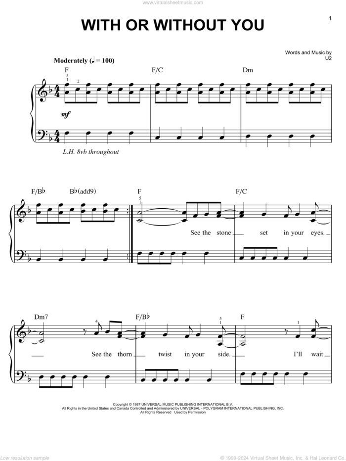 With Or Without You, (easy) sheet music for piano solo by U2, easy skill level