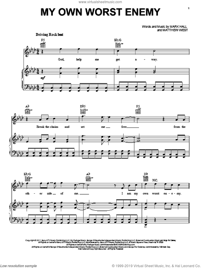 My Own Worst Enemy sheet music for voice, piano or guitar by Casting Crowns, Mark Hall and Matthew West, intermediate skill level