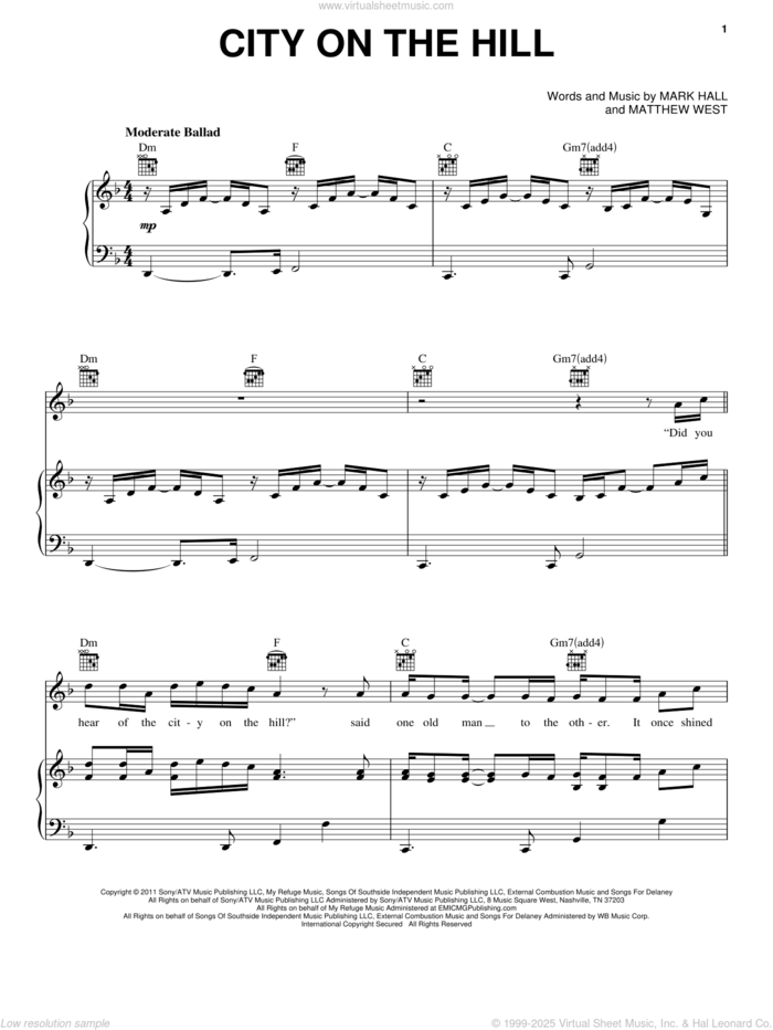 City On The Hill sheet music for voice, piano or guitar by Casting Crowns, Mark Hall and Matthew West, intermediate skill level