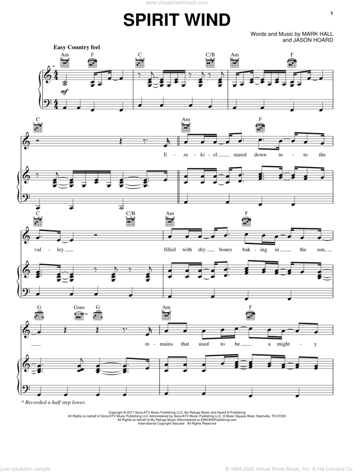 Spirit Wind sheet music for voice, piano or guitar by Casting Crowns, Jason Hoard and Mark Hall, intermediate skill level