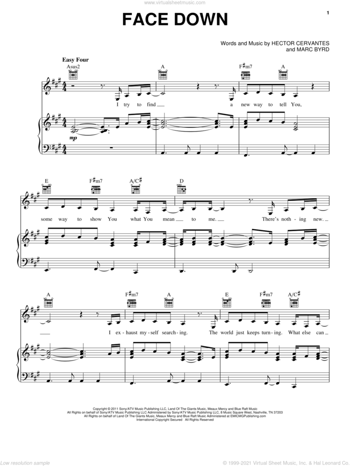 Face Down sheet music for voice, piano or guitar by Casting Crowns, Hector Cervantes and Marc Byrd, intermediate skill level