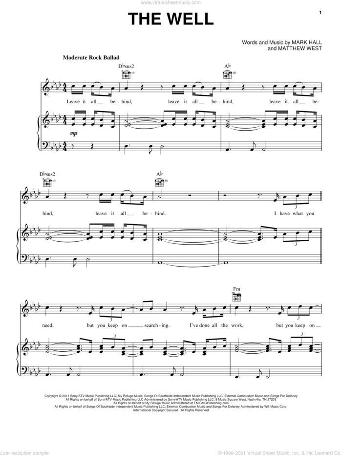 The Well sheet music for voice, piano or guitar by Casting Crowns, Mark Hall and Matthew West, intermediate skill level