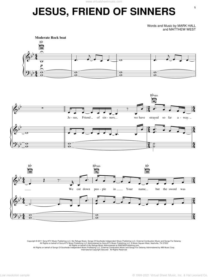 Jesus, Friend Of Sinners sheet music for voice, piano or guitar by Casting Crowns, Mark Hall and Matthew West, intermediate skill level