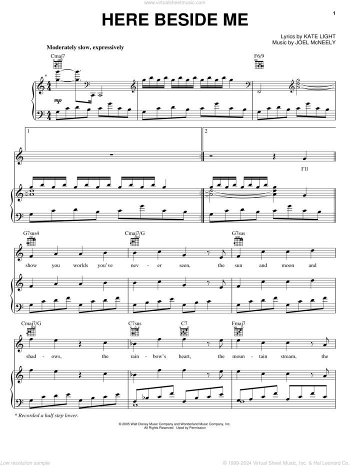 Here Beside Me sheet music for voice, piano or guitar by Hayley Westenra, Mulan II (Movie), Joel McNeely and Kate Light, intermediate skill level
