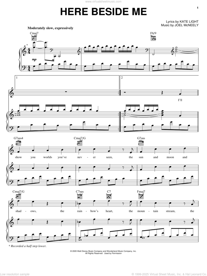 Here Beside Me sheet music for voice, piano or guitar by Hayley Westenra, Mulan II (Movie), Joel McNeely and Kate Light, intermediate skill level