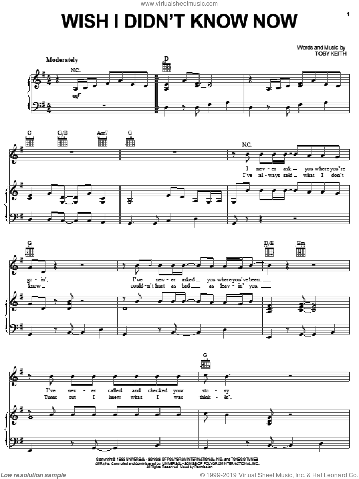 Wish I Didn't Know Now sheet music for voice, piano or guitar by Toby Keith, intermediate skill level