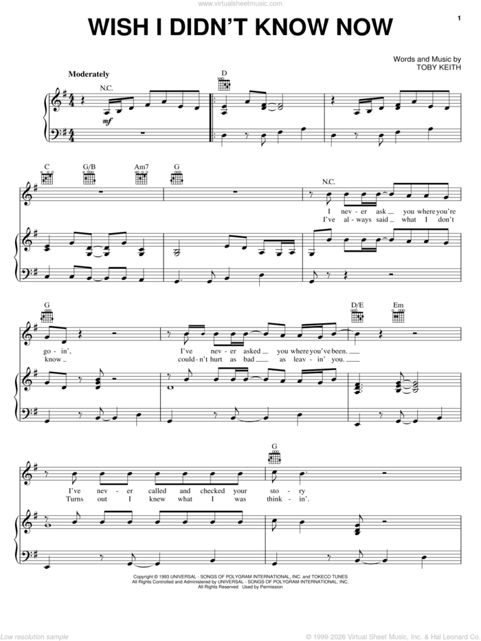 Wish I Didn't Know Now sheet music for voice, piano or guitar by Toby Keith, intermediate skill level