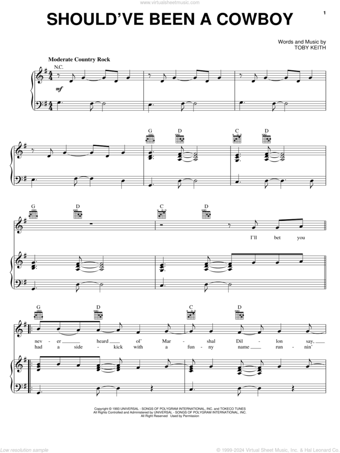 Should've Been A Cowboy sheet music for voice, piano or guitar by Toby Keith, intermediate skill level