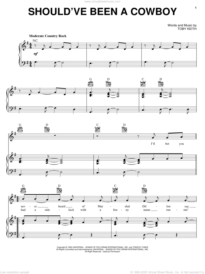 Should've Been A Cowboy sheet music for voice, piano or guitar by Toby Keith, intermediate skill level