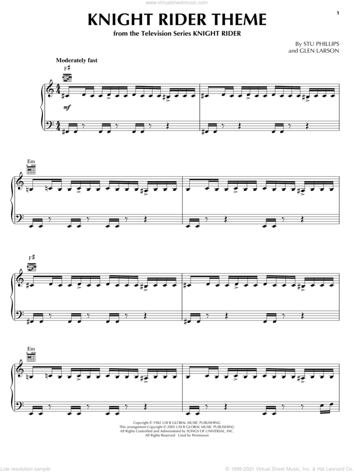 Knight Rider Theme sheet music for piano solo by Stu Phillips and Glen Larson, intermediate skill level