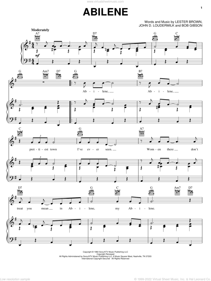 Abilene sheet music for voice, piano or guitar by George Hamilton IV, Bob Gibson, John D. Loudermilk and Lester Brown, intermediate skill level