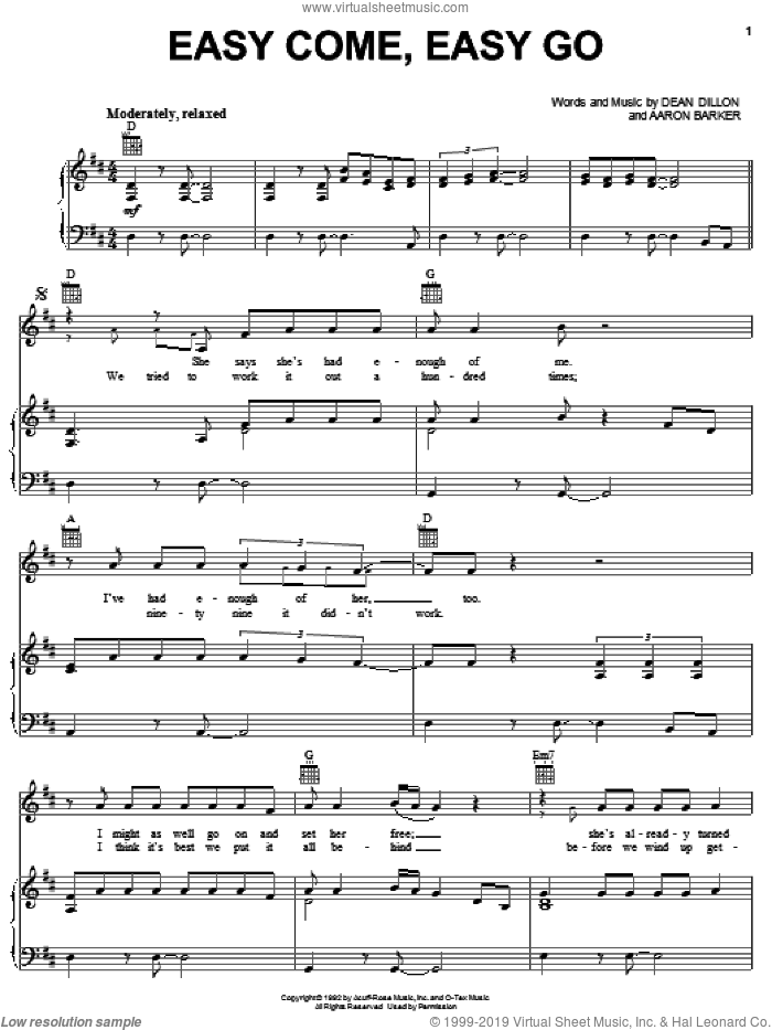 Easy Come, Easy Go sheet music for voice, piano or guitar by George Strait, Aaron Barker and Dean Dillon, intermediate skill level
