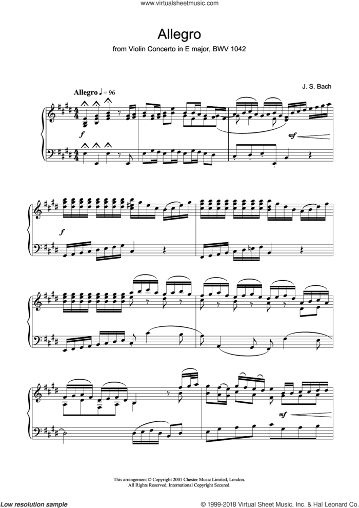 Allegro From Violin Concerto In E Major, Bwv 1042 sheet music for piano solo by Johann Sebastian Bach, classical score, intermediate skill level