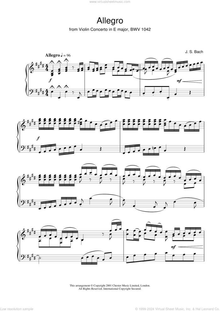 Allegro From Violin Concerto In E Major, Bwv 1042 sheet music for piano solo by Johann Sebastian Bach, classical score, intermediate skill level