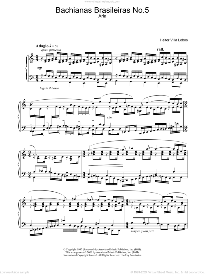 Bachianas Brasileiras No.5 sheet music for piano solo by Heitor Villa-Lobos, classical score, intermediate skill level