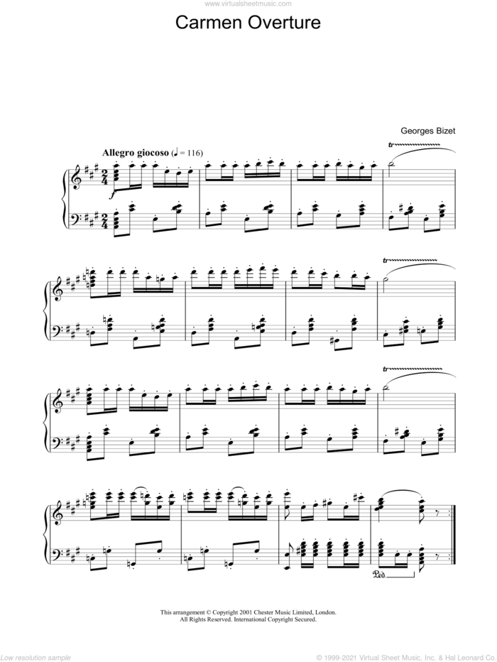 Overture from Carmen sheet music for piano solo by Georges Bizet, classical score, intermediate skill level