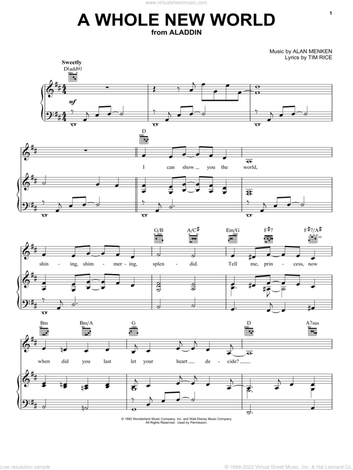 A Whole New World (from Aladdin) sheet music for voice, piano or guitar by Alan Menken and Tim Rice, wedding score, intermediate skill level