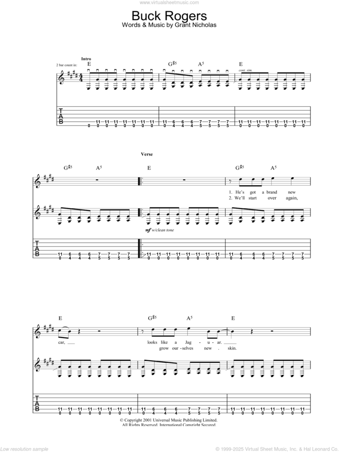 Buck Rogers sheet music for guitar (tablature) by Feeder and Grant Nicholas, intermediate skill level