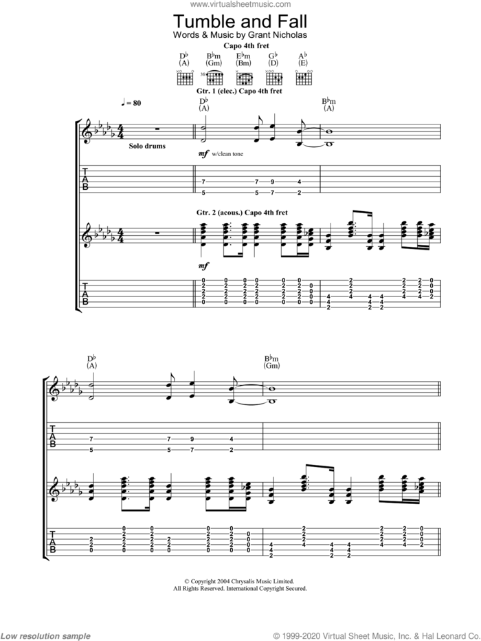 Tumble And Fall sheet music for guitar (tablature) by Feeder, Grant Nicholas and Nicholas Grant, intermediate skill level