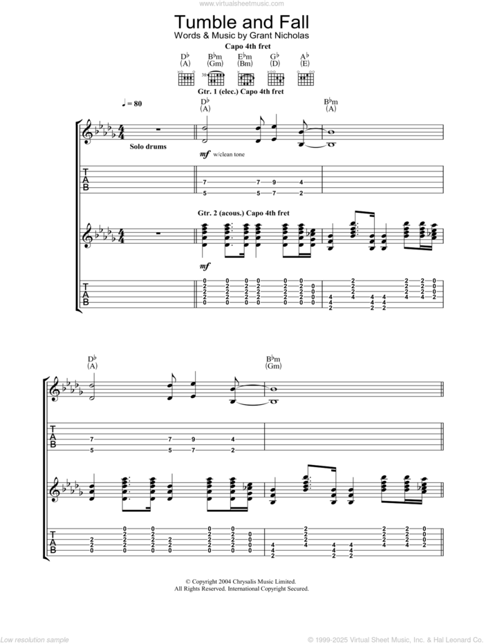 Tumble And Fall sheet music for guitar (tablature) by Feeder, Grant Nicholas and Nicholas Grant, intermediate skill level