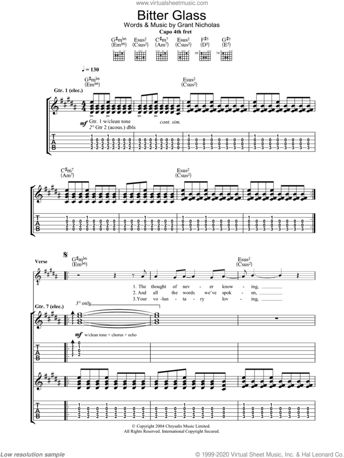 Bitter Glass sheet music for guitar (tablature) by Feeder and Grant Nicholas, intermediate skill level