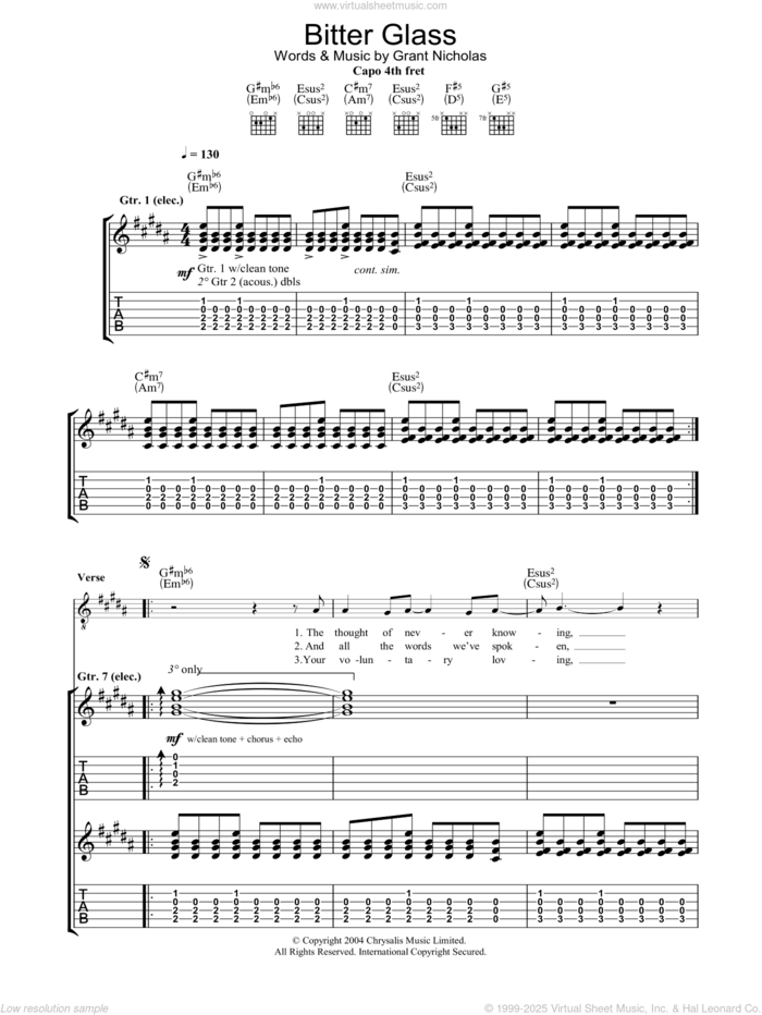 Bitter Glass sheet music for guitar (tablature) by Feeder and Grant Nicholas, intermediate skill level